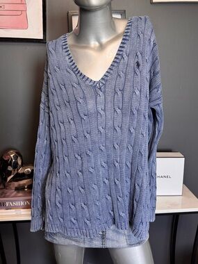 Polo Ralph Lauren Cozy Cable Knit V-Neck Sweater in Dusty Blue